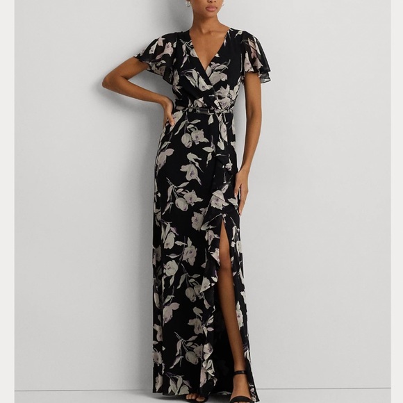 Lauren Ralph Lauren Floral Belted Flutter-Sleeve Gown Size 14
